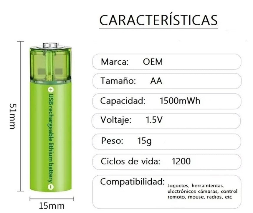 EcoCharge™: Pilas AA Recargables USB - Paga 1 par lleva 2