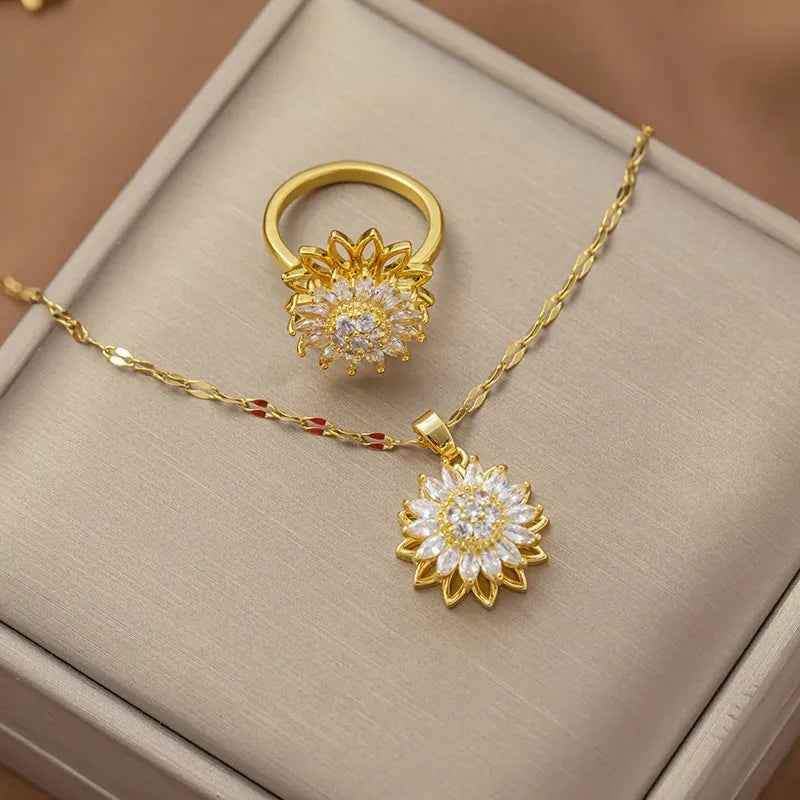 Set Collar y anillo de girasol giratorio + Caja de regalo
