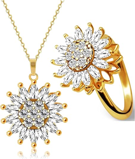 Set Collar y anillo de girasol giratorio + Caja de regalo