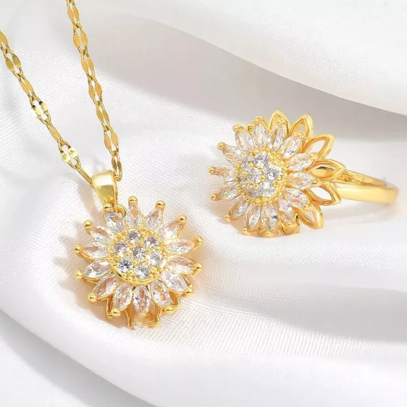 Set Collar y anillo de girasol giratorio + Caja de regalo