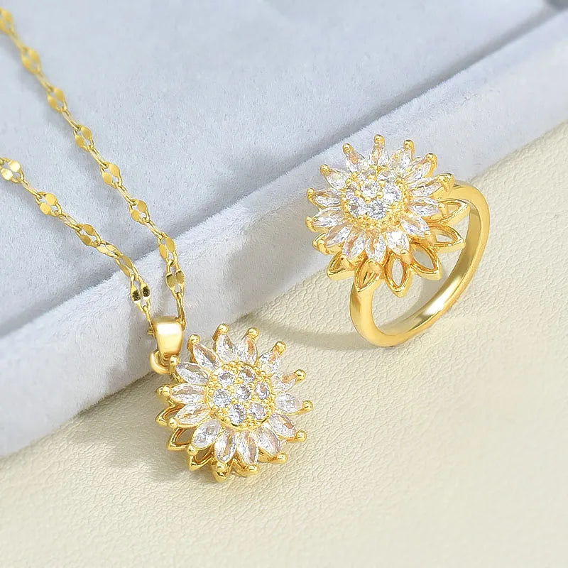 Set Collar y anillo de girasol giratorio + Caja de regalo