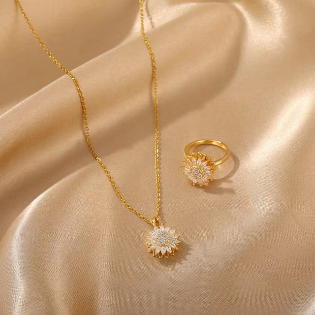 Set Collar y anillo de girasol giratorio + Caja de regalo